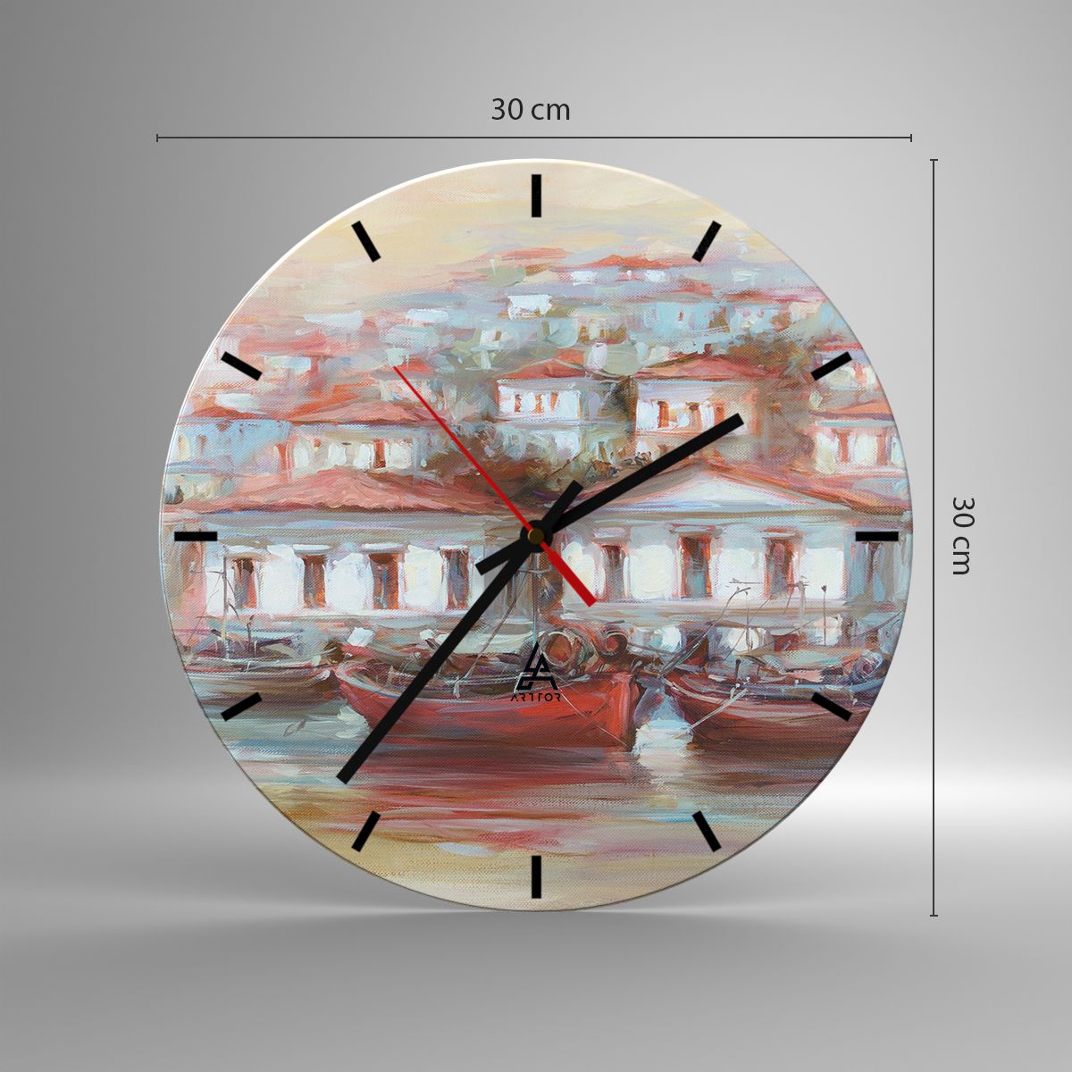 Orologio da parete Arttor - Cittadina felice - Quadrante con trattini, Forma:  Cerchio - 30x30 cm - Architettura, Barca A Vela, Porto