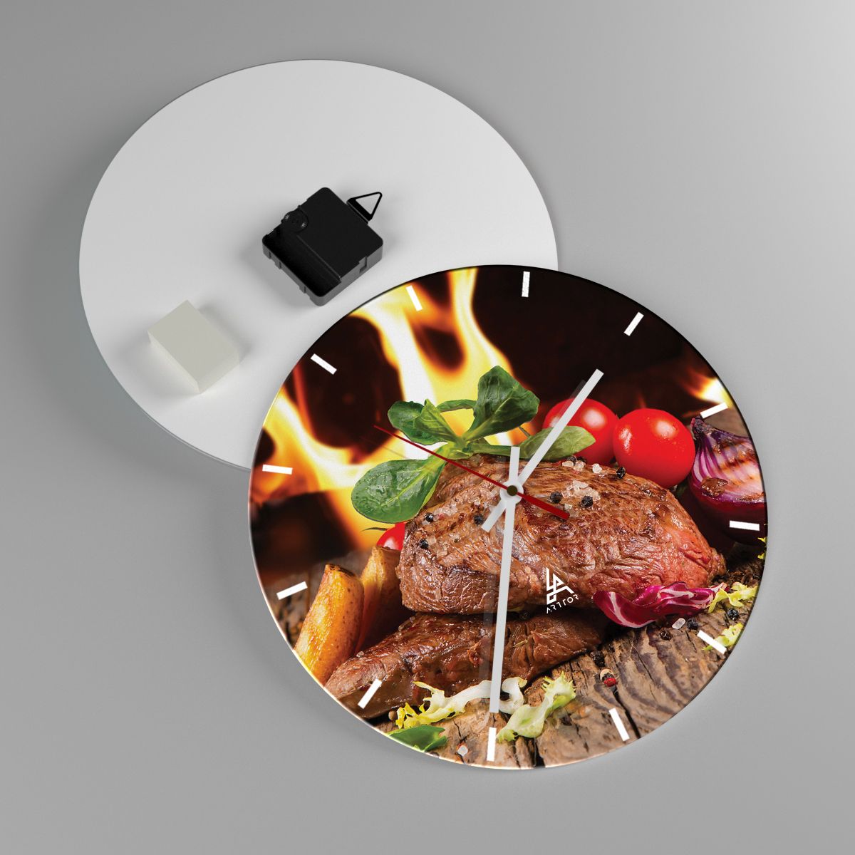 Orologio da parete Arttor - Incantate dal fuoco - Quadrante con trattini,  Forma: Cerchio - 30x30 cm - Gastronomia, Bistecca, Fiamme Di Fuoco