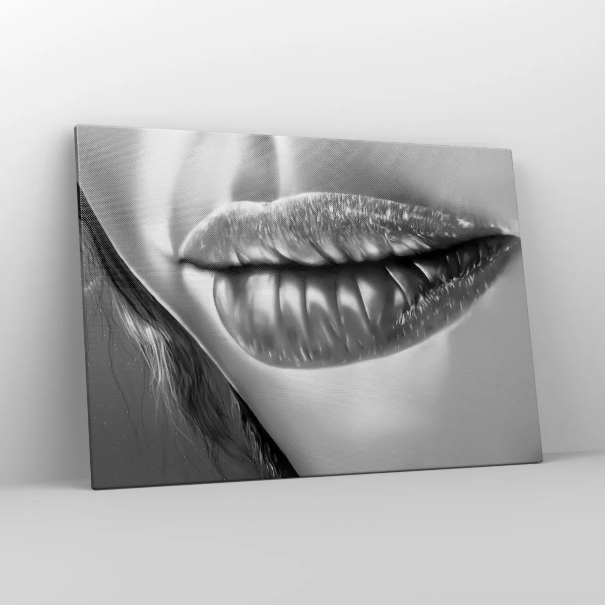 Cuadro sobre lienzo - Impresión de Imagen - Primer plano en blanco y negro de los labios de una mujer con efecto brillante y detalles. - 100x70cm - Sé lo que estás pensando... - Decoración de pared moderna para salón y dormitorio ARTTOR