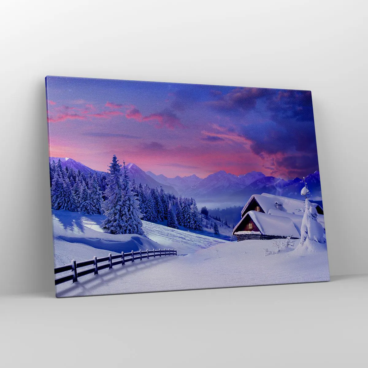 Obraz na płótnie - Zimowy krajobraz z domkami w górach o zachodzie słońca - 100x70cm - Cicha noc - Nowoczesna dekoracja ścienna do salonu, kuchni i sypialni ARTTOR