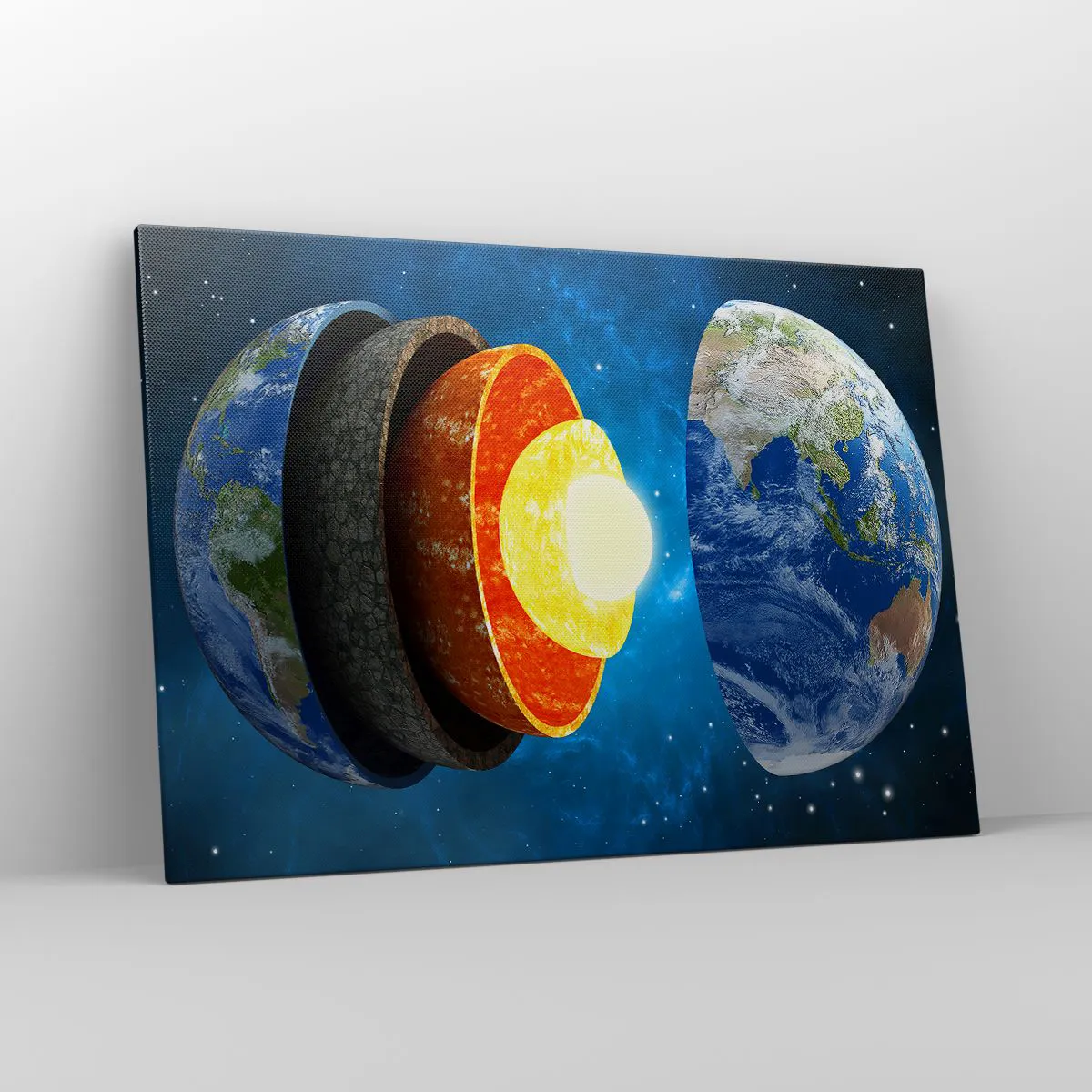 Obraz na płótnie - Przekrój Ziemi ukazujący jej warstwy w przestrzeni kosmicznej - 100x70cm - Wyprawa do wnętrz Ziemi - Nowoczesna dekoracja ścienna do salonu, kuchni i sypialni ARTTOR