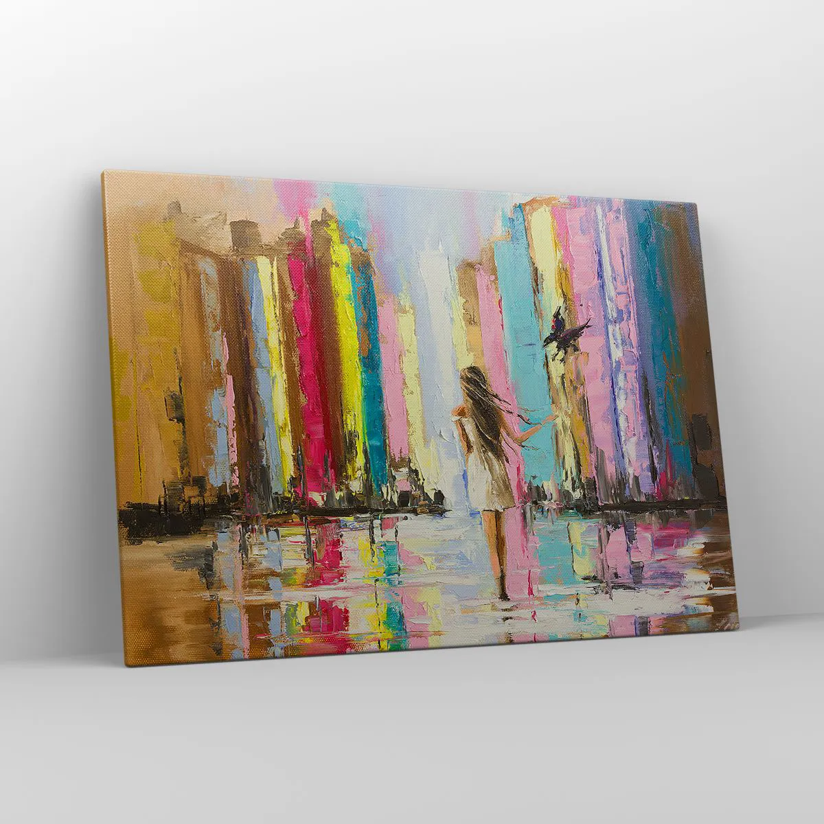 Obraz na płótnie - Kolorowe miasto i kobieta w białej sukni z ptakiem - 100x70cm - Idż za mną - Nowoczesna dekoracja ścienna do salonu, kuchni i sypialni ARTTOR