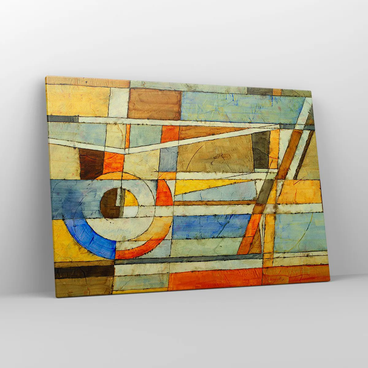 Obraz na płótnie - Geometryczna abstrakcja w odcieniach beżu, błękitu i pomarańczy - 100x70cm - Kubizm na budowie - Nowoczesna dekoracja ścienna do salonu, kuchni i sypialni ARTTOR