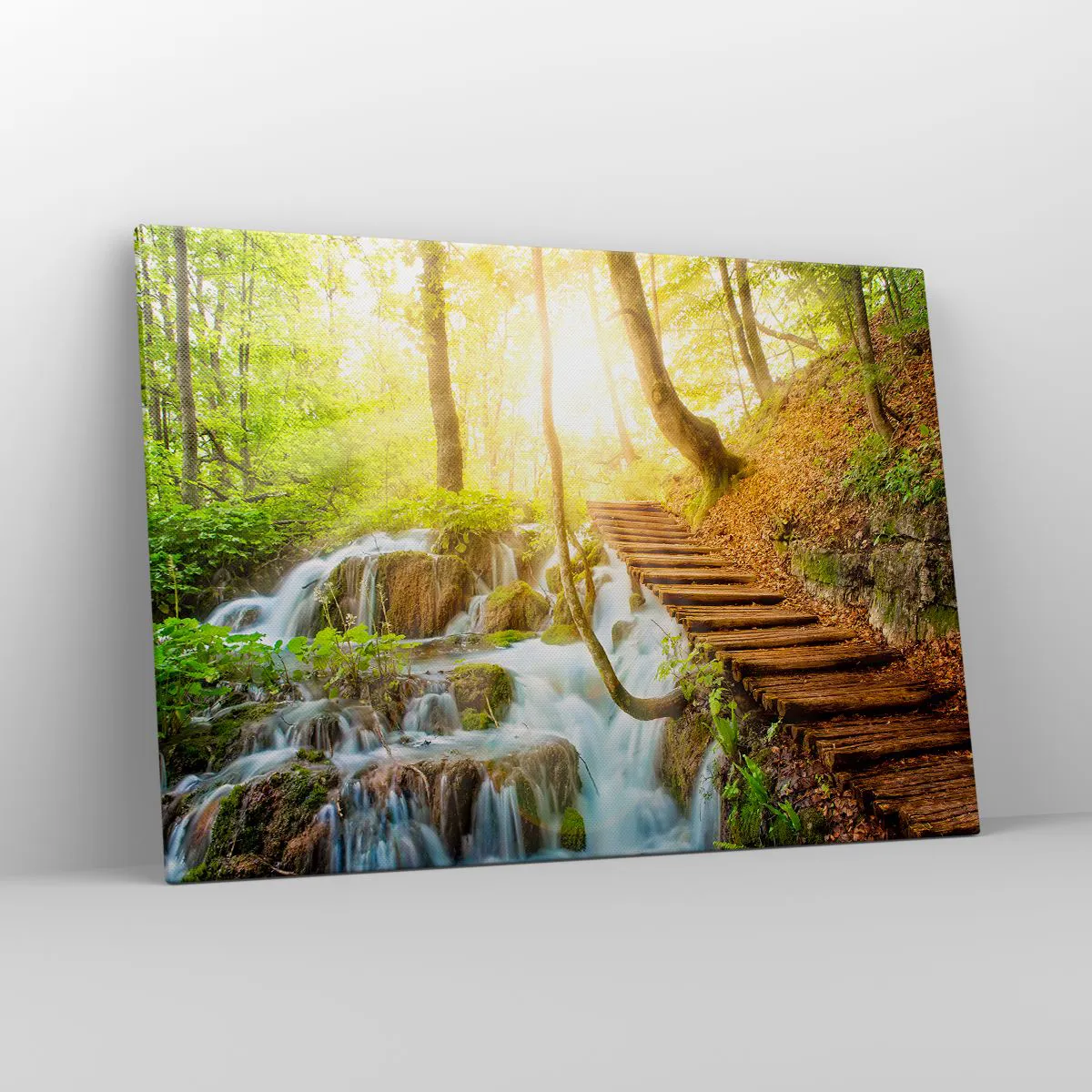 Impression sur toile - Image sur toile - Chemin forestier avec escaliers en bois près de la cascade - 100x70cm - Une fraîcheur tant désirée - Décoration murale moderne pour le salon et la chambre ARTTOR