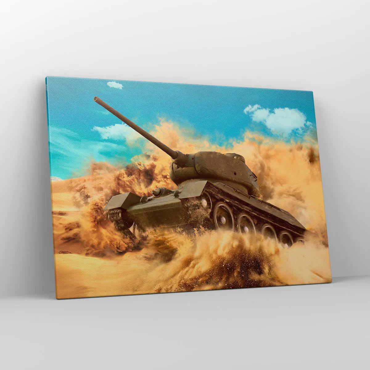 Bild auf Leinwand - Leinwandbild - Ein Panzer im Einsatz in der Wüste, umgeben von Sandstaub. - 100x70cm - Nicht zu besiegen - Moderne Wanddekoration für Wohnzimmer und Schlafzimmer ARTTOR