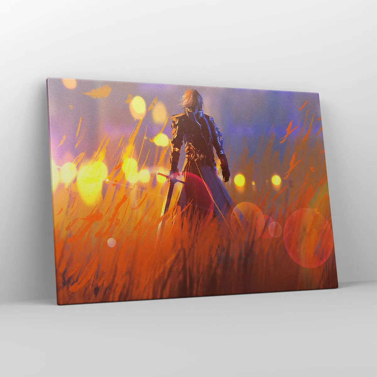 Impression sur toile - Image sur toile - La figure d'un chevalier à la lumière du soleil couchant dans un champ - 100x70cm - Chevalier errant - Décoration murale moderne pour le salon et la chambre ARTTOR