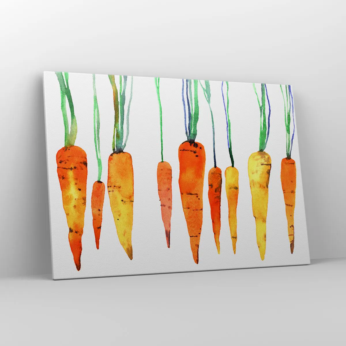 Obraz na płótnie - Akwarelowe marchewki w różnych odcieniach na białym tle - 100x70cm - Uroda zwyczajności - Nowoczesna dekoracja ścienna do salonu, kuchni i sypialni ARTTOR
