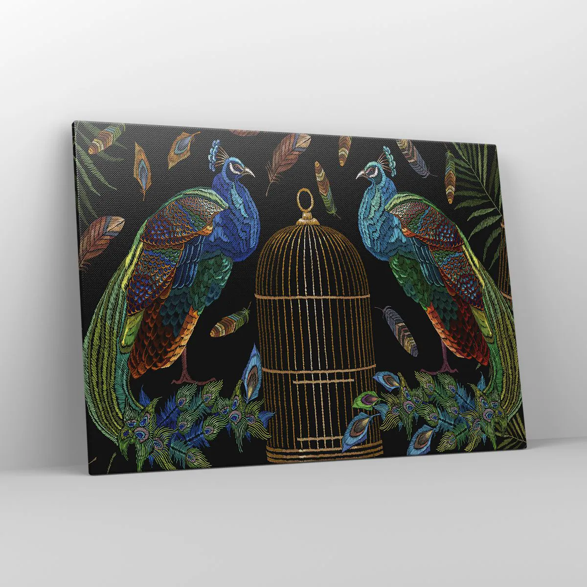 Impression sur toile - Image sur toile - Paons à côté d'une cage dorée sur fond noir - 100x70cm - En robes royales - Décoration murale moderne pour le salon et la chambre ARTTOR