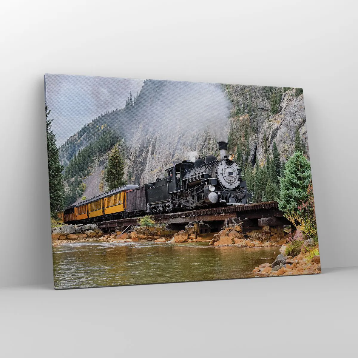 Obraz na płótnie - Parowóz na moście w malowniczym górskim krajobrazie - 100x70cm - A dokąd to? Dokąd? - Nowoczesna dekoracja ścienna do salonu, kuchni i sypialni ARTTOR