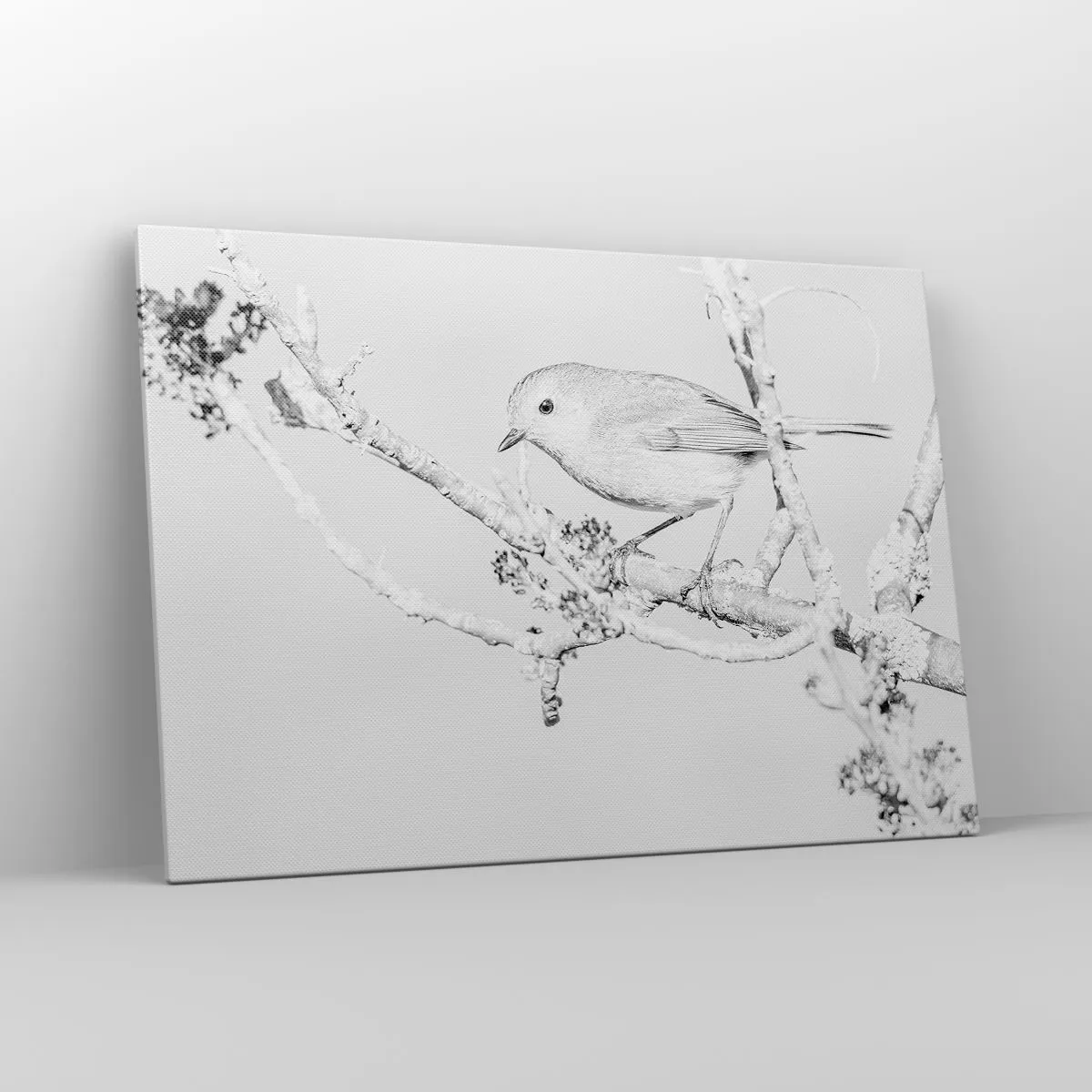 Impression sur toile - Image sur toile - Oiseau sur une branche en noir et blanc avec un style minimaliste - 100x70cm - Matin d'hiver - Décoration murale moderne pour le salon et la chambre ARTTOR