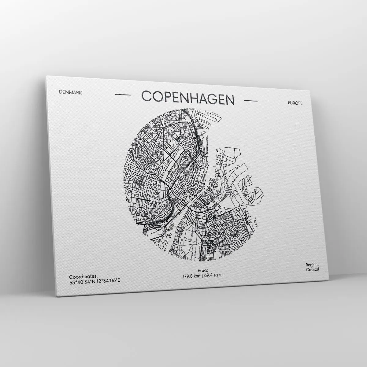 Obraz na płótnie - Mapa Kopenhagi w minimalistycznym, czarno-białym stylu - 100x70cm - Anatomia Kopenhagi - Nowoczesna dekoracja ścienna do salonu, kuchni i sypialni ARTTOR