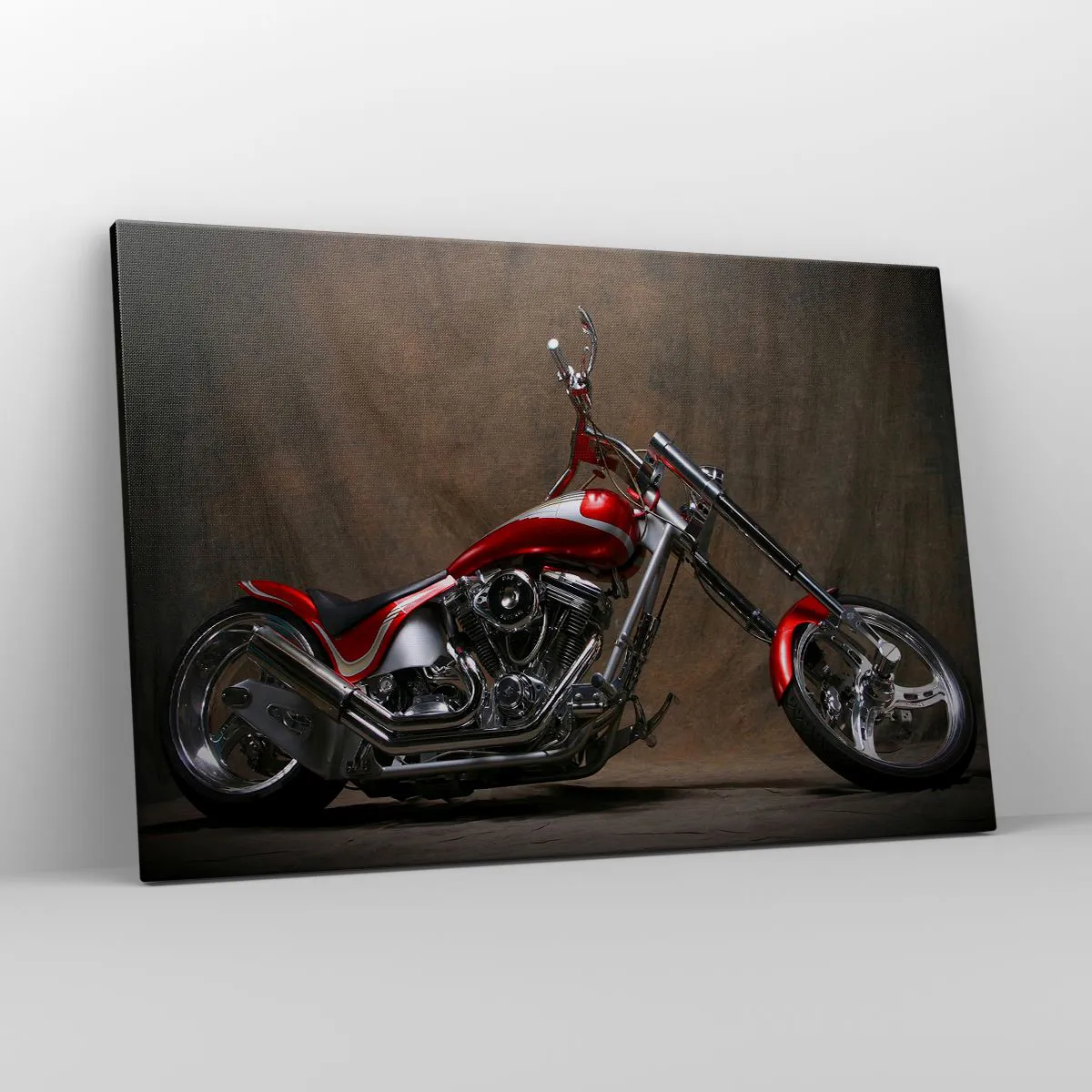 Cuadro sobre lienzo - Impresión de Imagen - Motocicleta roja personalizada sobre un fondo de tela marrón. - 120x80cm - Belleza rojo-plateada - Decoración de pared moderna para salón y dormitorio ARTTOR