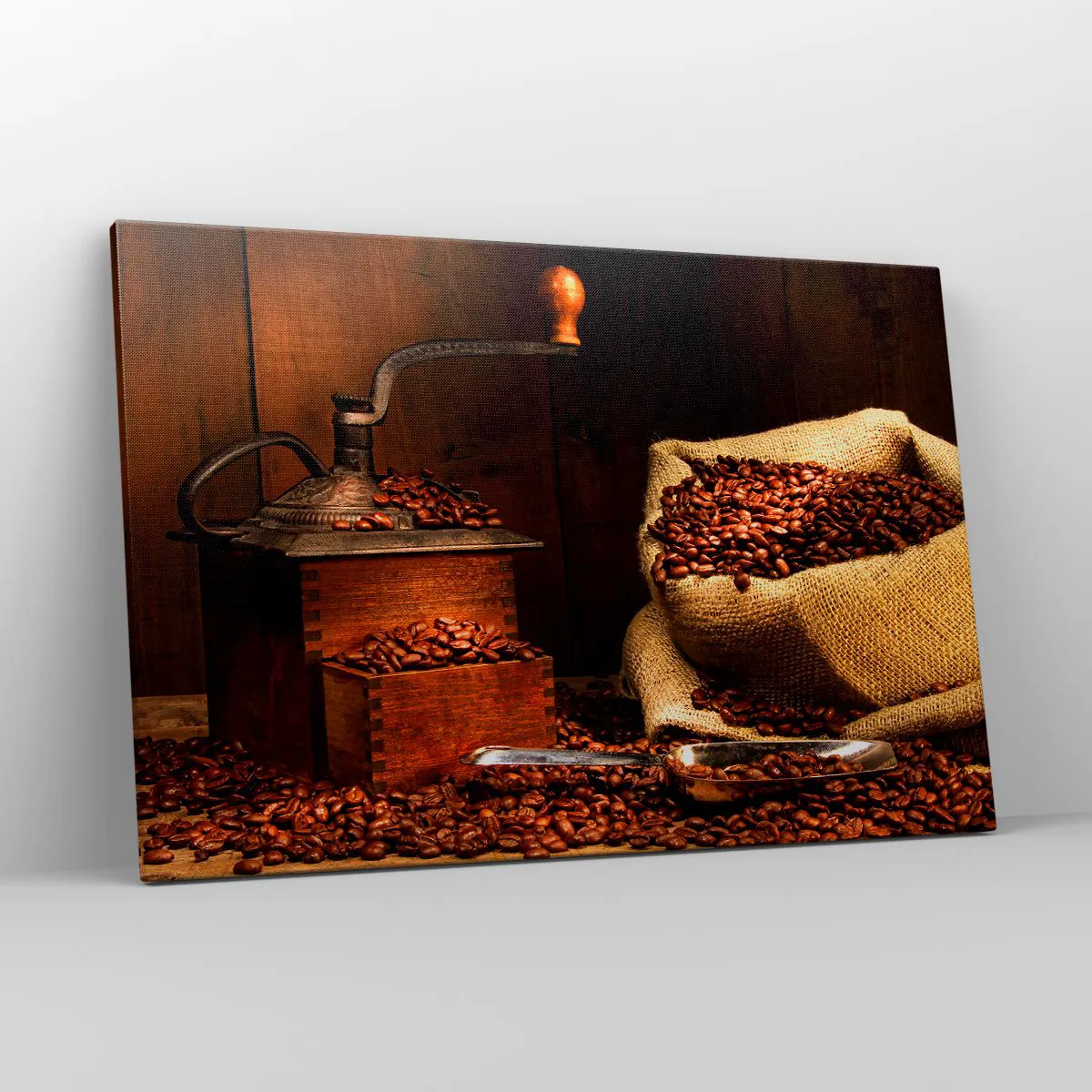 Quadro em tela - Natureza morta com grãos de café e moedor - 120x80 cm