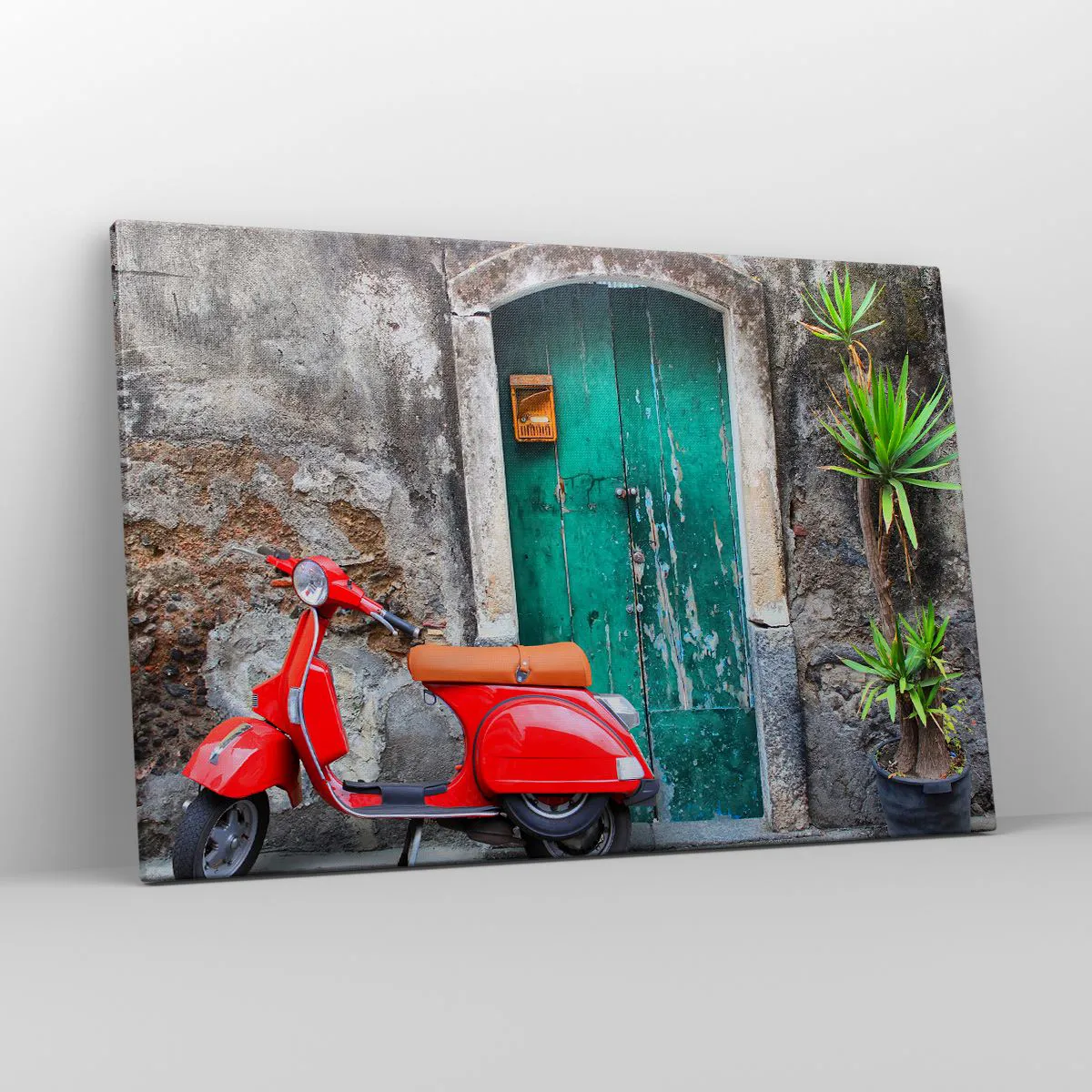 Bild auf Leinwand - Leinwandbild - Roter Roller an der grünen Tür - 120x80cm - Italienischer Urlaub - Moderne Wanddekoration für Wohnzimmer und Schlafzimmer ARTTOR