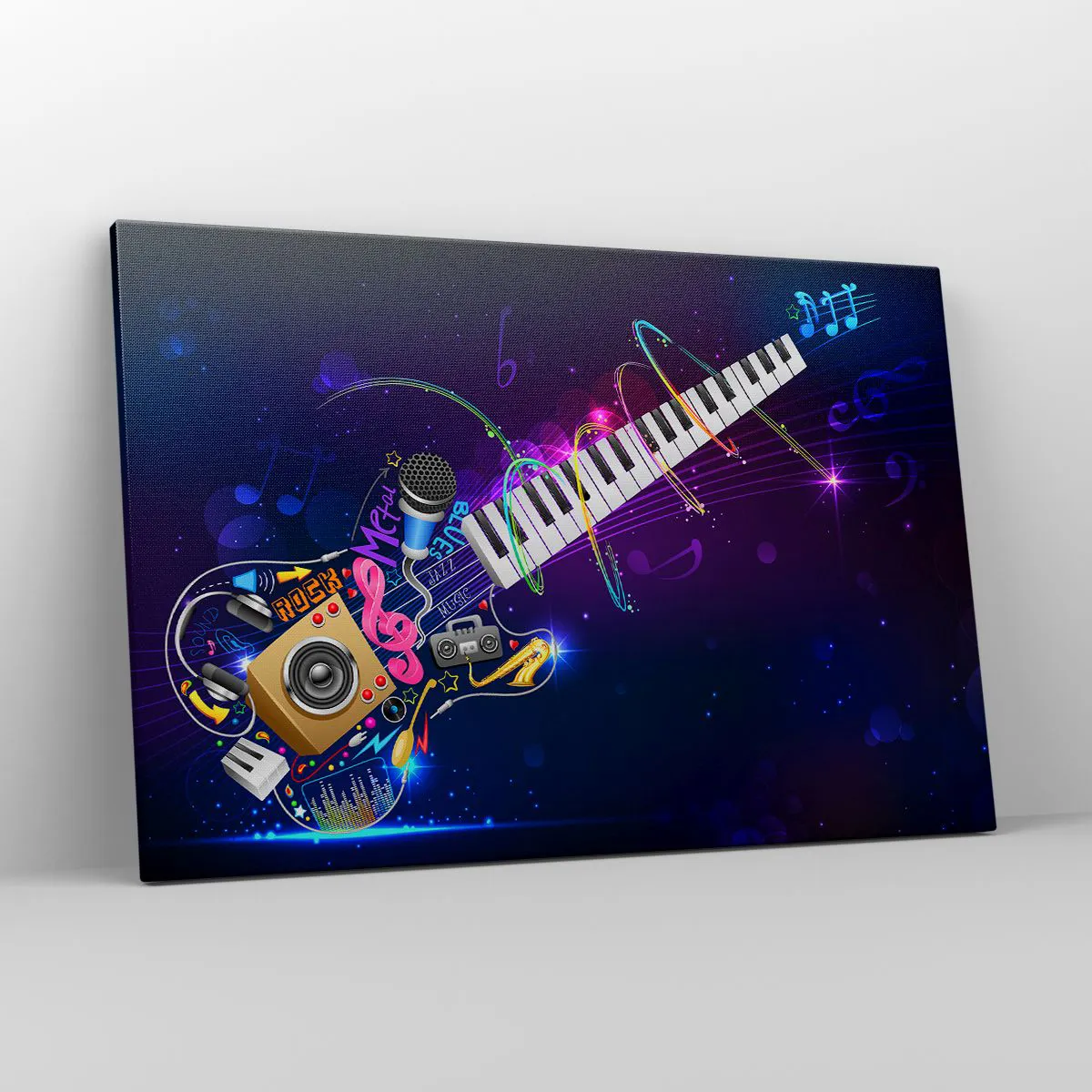 Obraz na płótnie - Kolorowa gitara z klawiaturą i mikrofonem na ciemnym tle - 120x80cm - I wszystko gra - Nowoczesna dekoracja ścienna do salonu, kuchni i sypialni ARTTOR