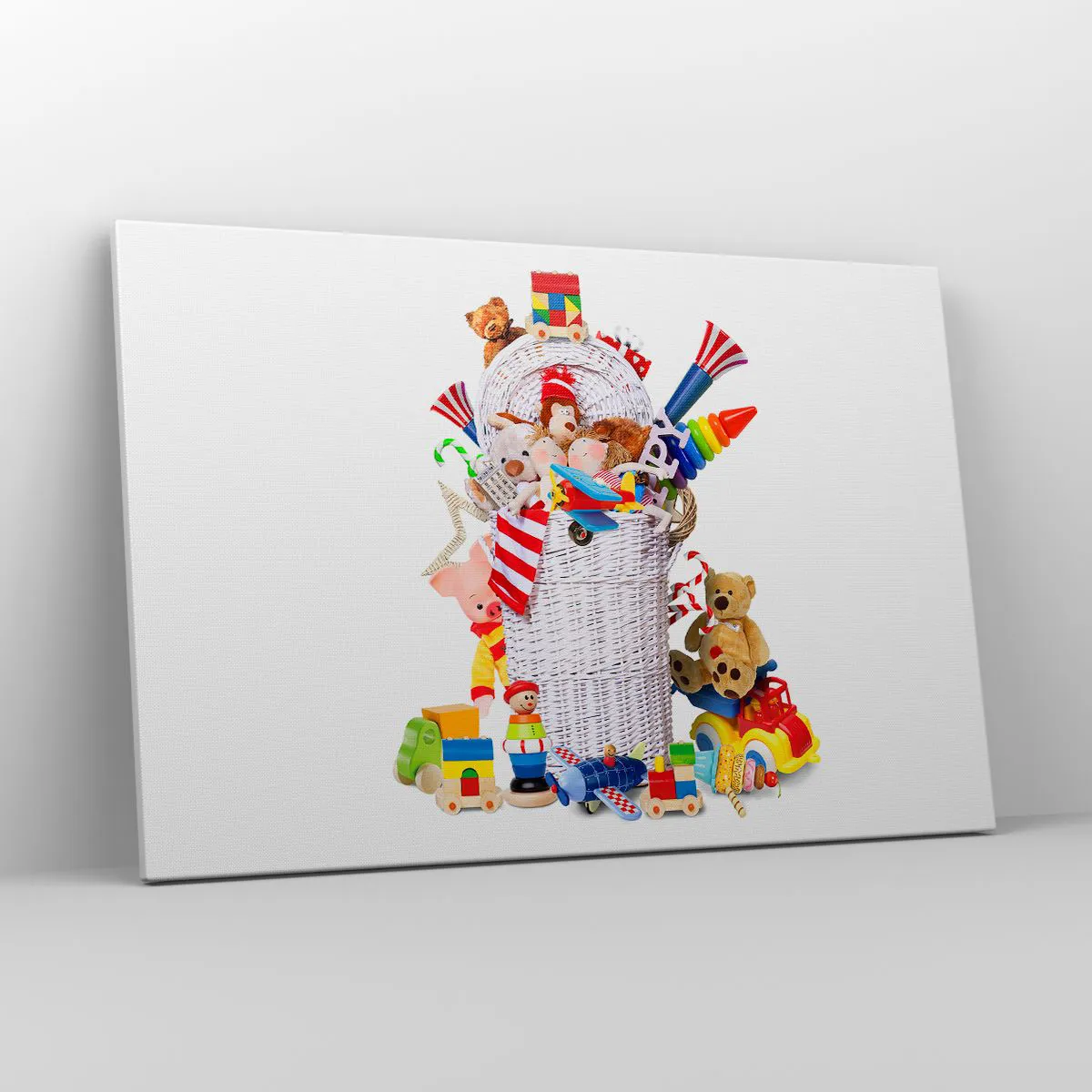 Obraz na płótnie - Kolorowy kosz pełen dziecięcych zabawek - 120x80cm - Skarby malucha - Nowoczesna dekoracja ścienna do salonu, kuchni i sypialni ARTTOR