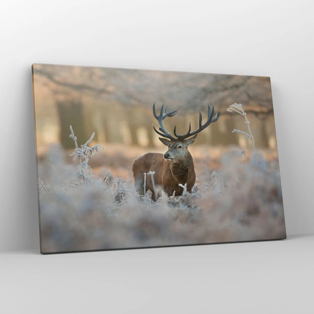 Quadro su tela - Stampe su Tela - Un cervo in una radura gelida in una foresta invernale dai colori tenui - 120x80cm - Fresco mattino - Decorazione murale moderna per soggiorno e camera da letto ARTTOR