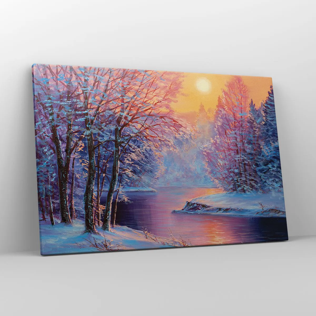 Impression sur toile - Image sur toile - Paysage d'hiver avec rivière et arbres au lever du soleil - 120x80cm - Couleurs d'hiver - Décoration murale moderne pour le salon et la chambre ARTTOR