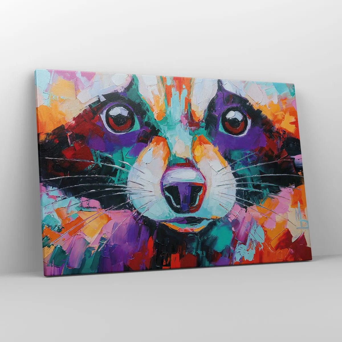 Cuadro sobre lienzo - Impresión de Imagen - Un retrato colorido de un mapache en el estilo de pintura expresiva. - 120x80cm - Solo buenas emociones - Decoración de pared moderna para salón y dormitorio ARTTOR