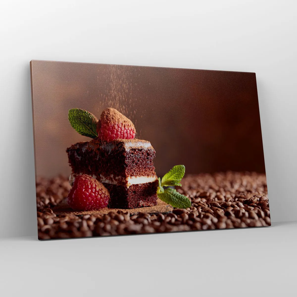 Obraz na płótnie - Czekoladowe ciasto z malinami i miętą na tle ziaren kakao - 120x80cm - Życie jest słodkie - Nowoczesna dekoracja ścienna do salonu, kuchni i sypialni ARTTOR