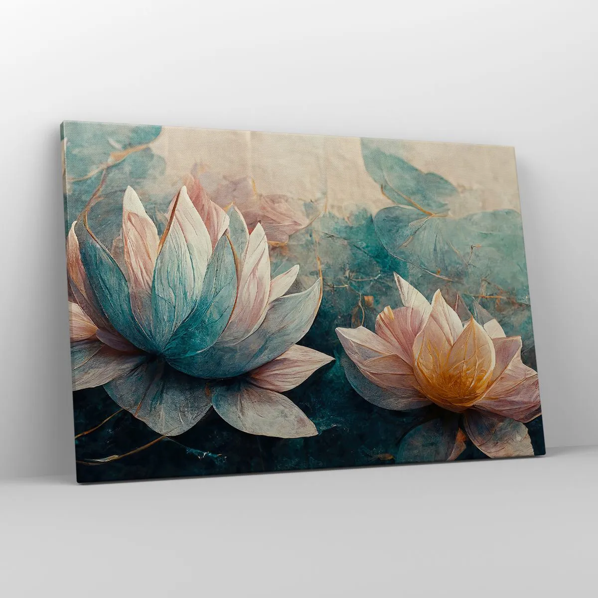Obraz na płótnie - Subtelne lilie wodne w pastelowych odcieniach błękitu i złota - 120x80cm - Gwiazdy jeziora - Nowoczesna dekoracja ścienna do salonu, kuchni i sypialni ARTTOR