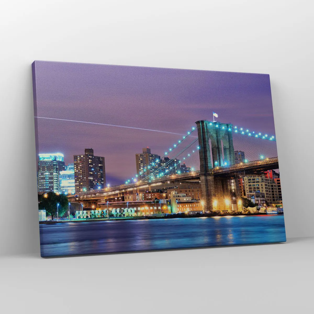 Quadro em tela - Ponte do Brooklyn à noite com a cidade iluminada ao fundo - 70x50cm - Por muitos anos, a Ponte do Brooklyn - Decoração de parede moderna para a sala de estar e quarto ARTTOR