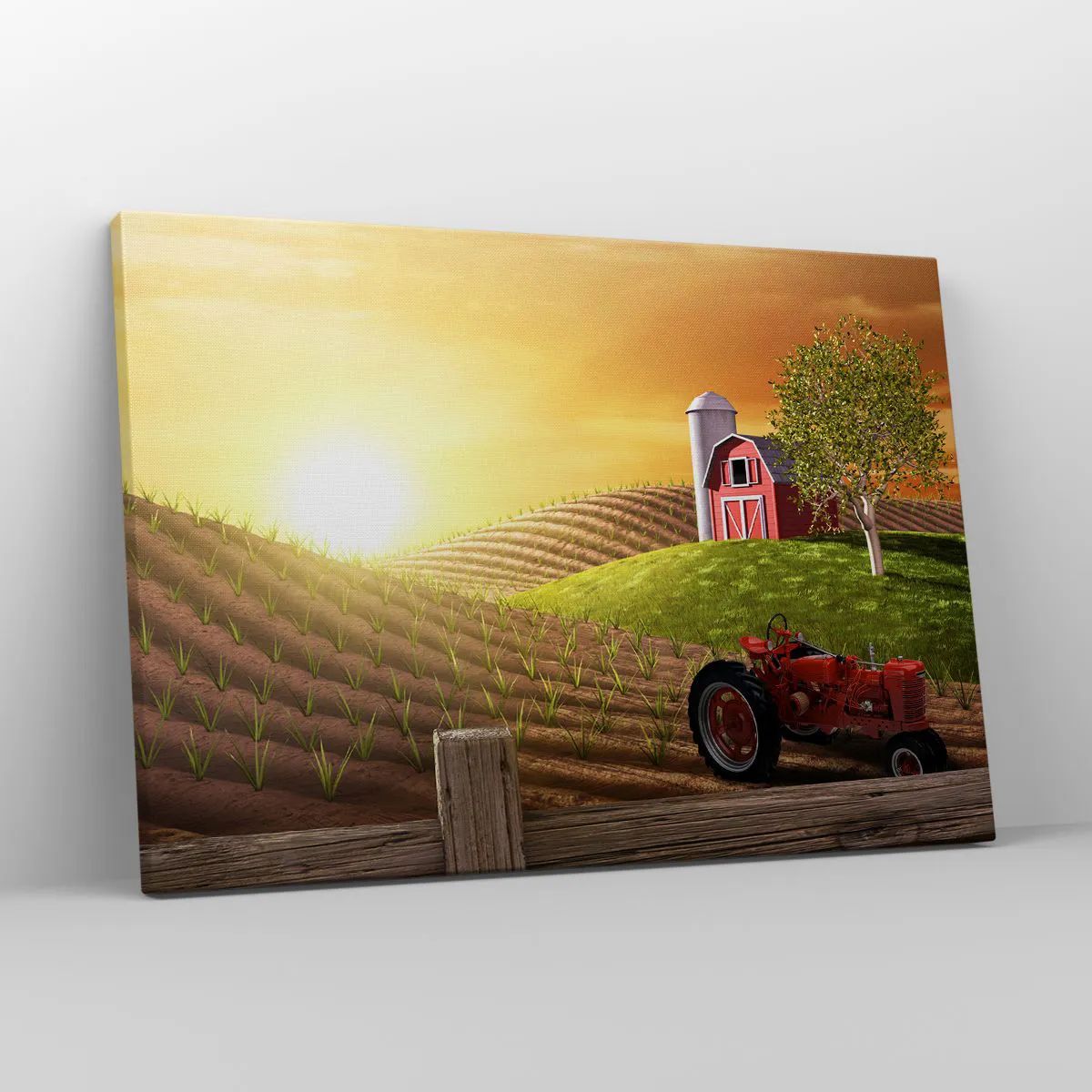 Impression sur toile - Image sur toile - Paysage rural avec une grange rouge, un tracteur et un lever de soleil - 70x50cm - Une ferme comme dans un conte de fées - Décoration murale moderne pour le salon et la chambre ARTTOR