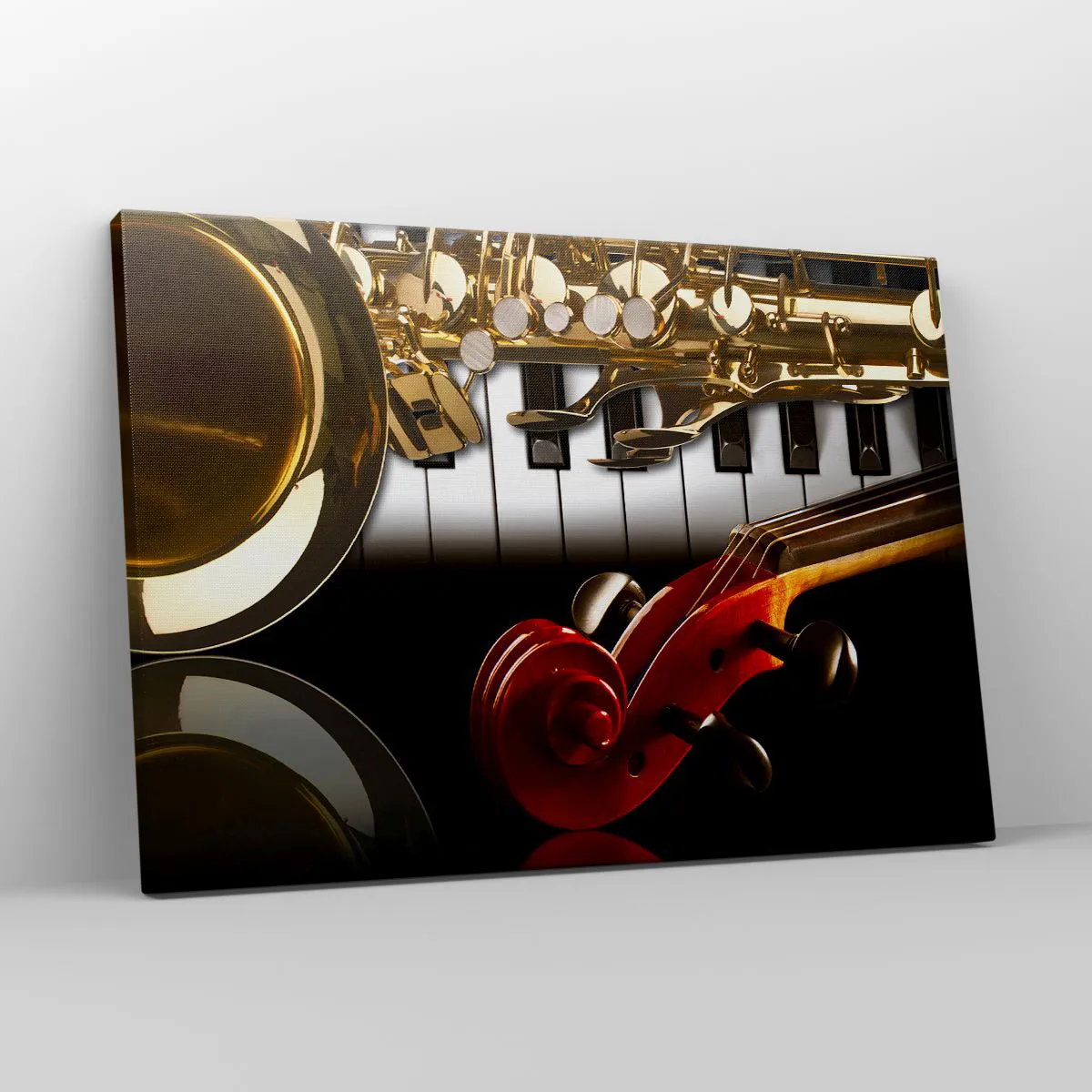 Lærredstryk - Billede på lærred - En gylden saxofon, klavertangenter og en rød violin - 70x50cm - Metalplader, træ og elfenben - Moderne vægdekoration til stue og soveværelse ARTTOR