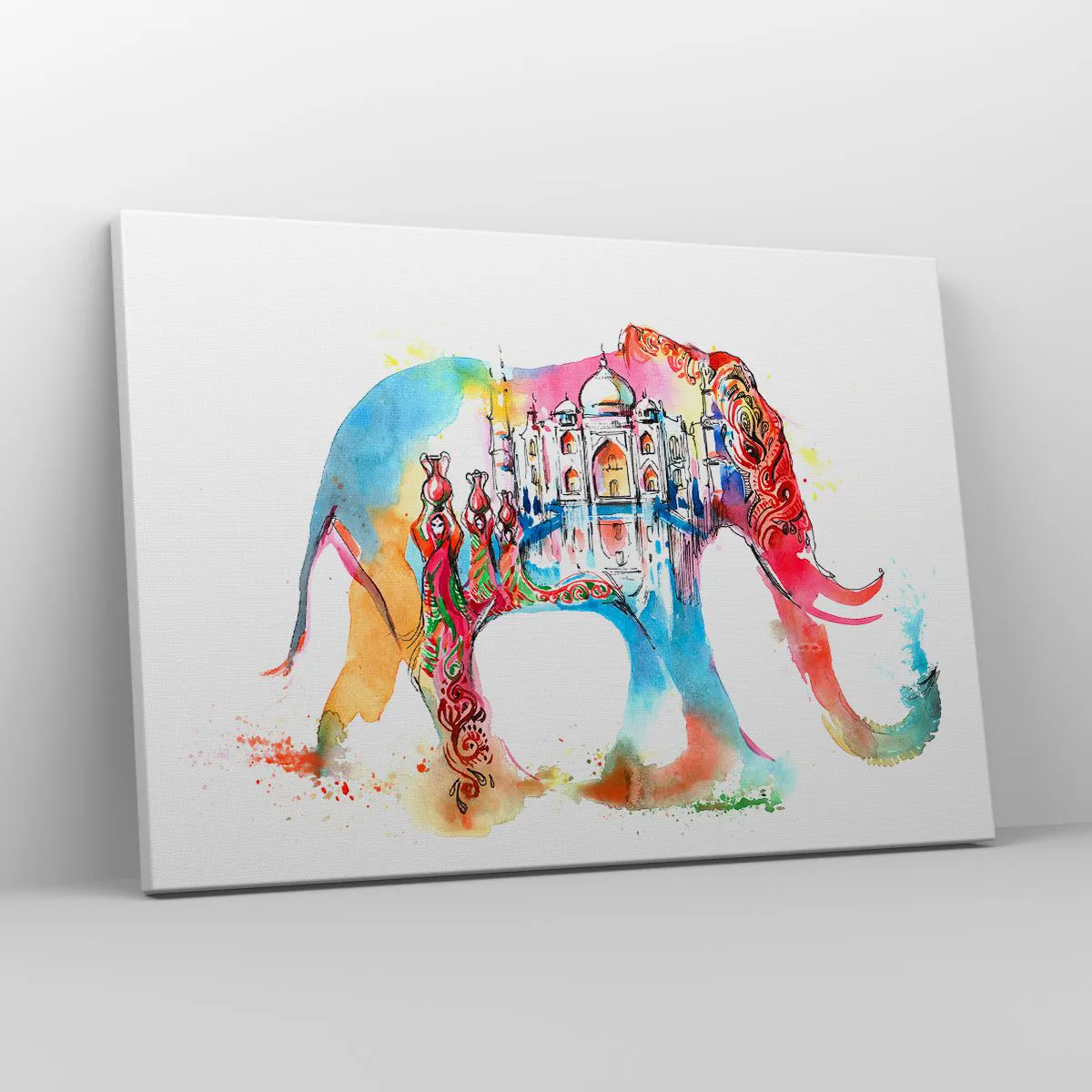 Vászonkép - Színes akvarellfestmény egy elefántról Taj Mahal motívummal - 70x50cm - India - a szerelem aurája - Modern fali dekoráció nappalihoz és hálószobához ARTTOR