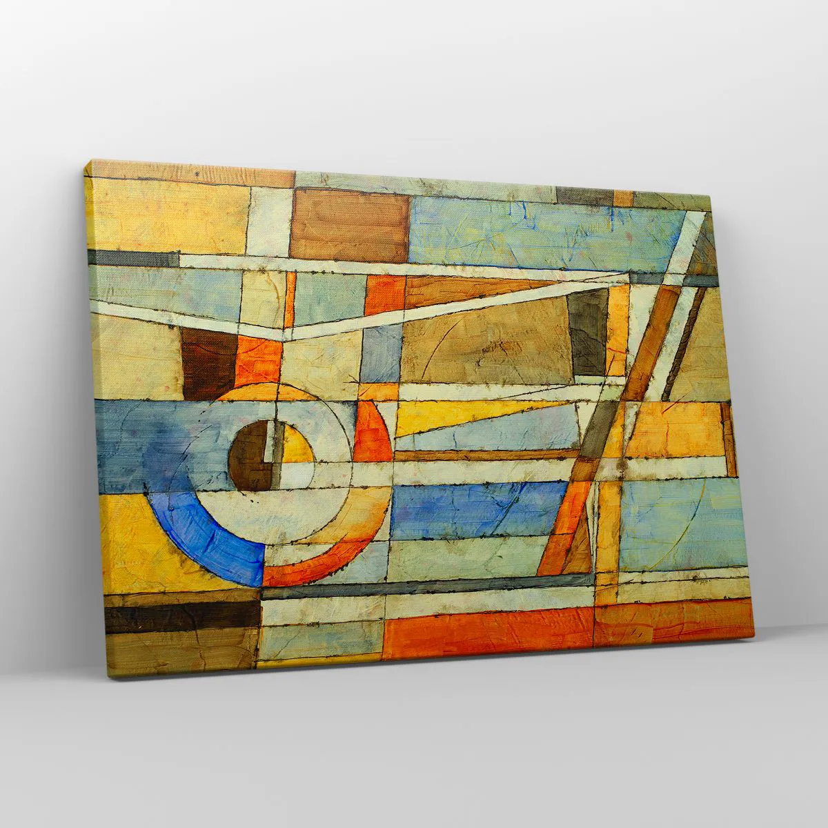 Quadro em tela - Abstração geométrica em tons de bege, azul e laranja - 70x50cm - Cubismo em construção - Decoração de parede moderna para a sala de estar e quarto ARTTOR