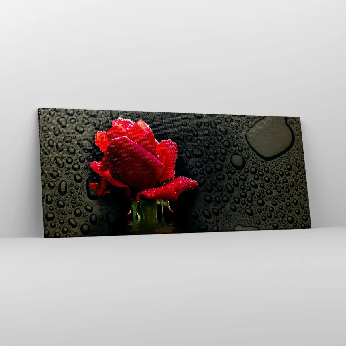 Impression sur toile - Image sur toile - Rose rouge avec des gouttes d'eau sur un fond sombre - 120x50cm - Rouge et noir - Décoration murale moderne pour le salon et la chambre ARTTOR