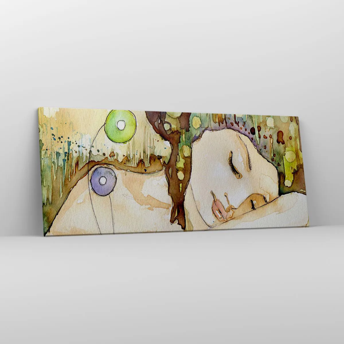 Bild auf Leinwand - Leinwandbild - Eine träumende Frau, umgeben von abstrakten Formen und Farben. - 120x50cm - Ein smaragd-violetter Traum - Moderne Wanddekoration für Wohnzimmer und Schlafzimmer ARTTOR