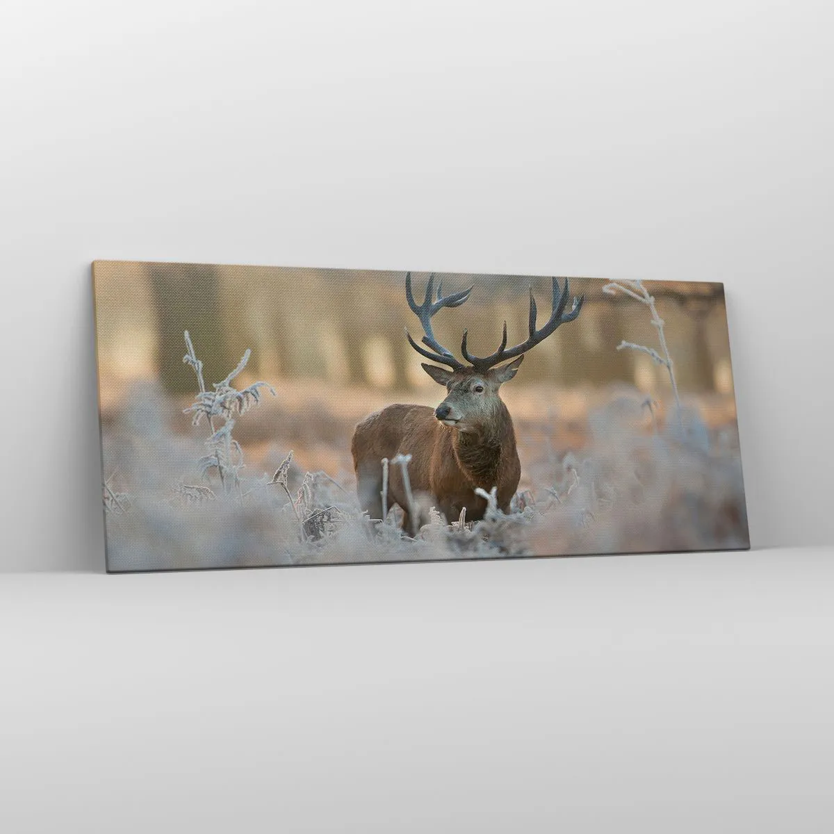 Quadro su tela - Stampe su Tela - Un cervo in una radura gelida in una foresta invernale dai colori tenui - 120x50cm - Fresco mattino - Decorazione murale moderna per soggiorno e camera da letto ARTTOR