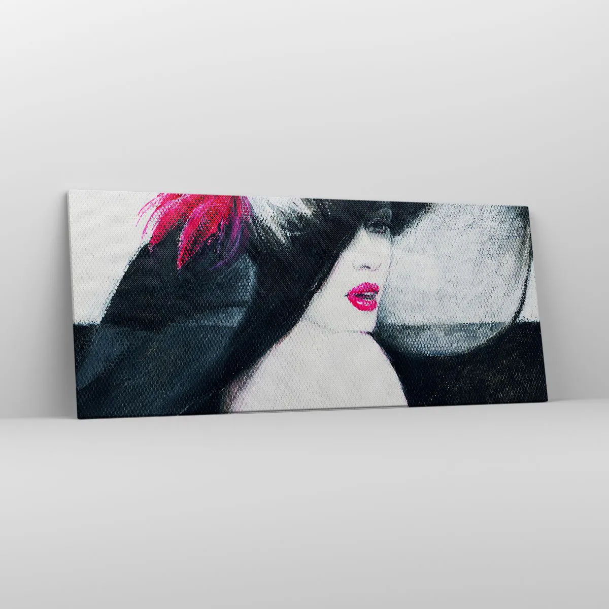 Obraz na płótnie - Stylowa kobieta w kapeluszu z piórami - 120x50cm - Zawsze tajemnica - Nowoczesna dekoracja ścienna do salonu i sypialni ARTTOR