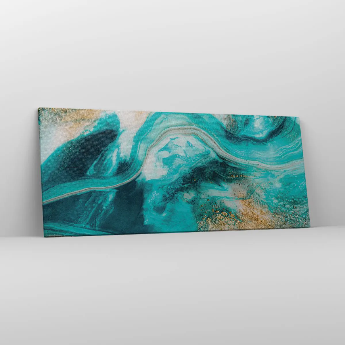 Impression sur toile - Image sur toile - Abstraction turquoise avec des accents blancs et dorés - 120x50cm - Rivière d'or - Décoration murale moderne pour le salon et la chambre ARTTOR