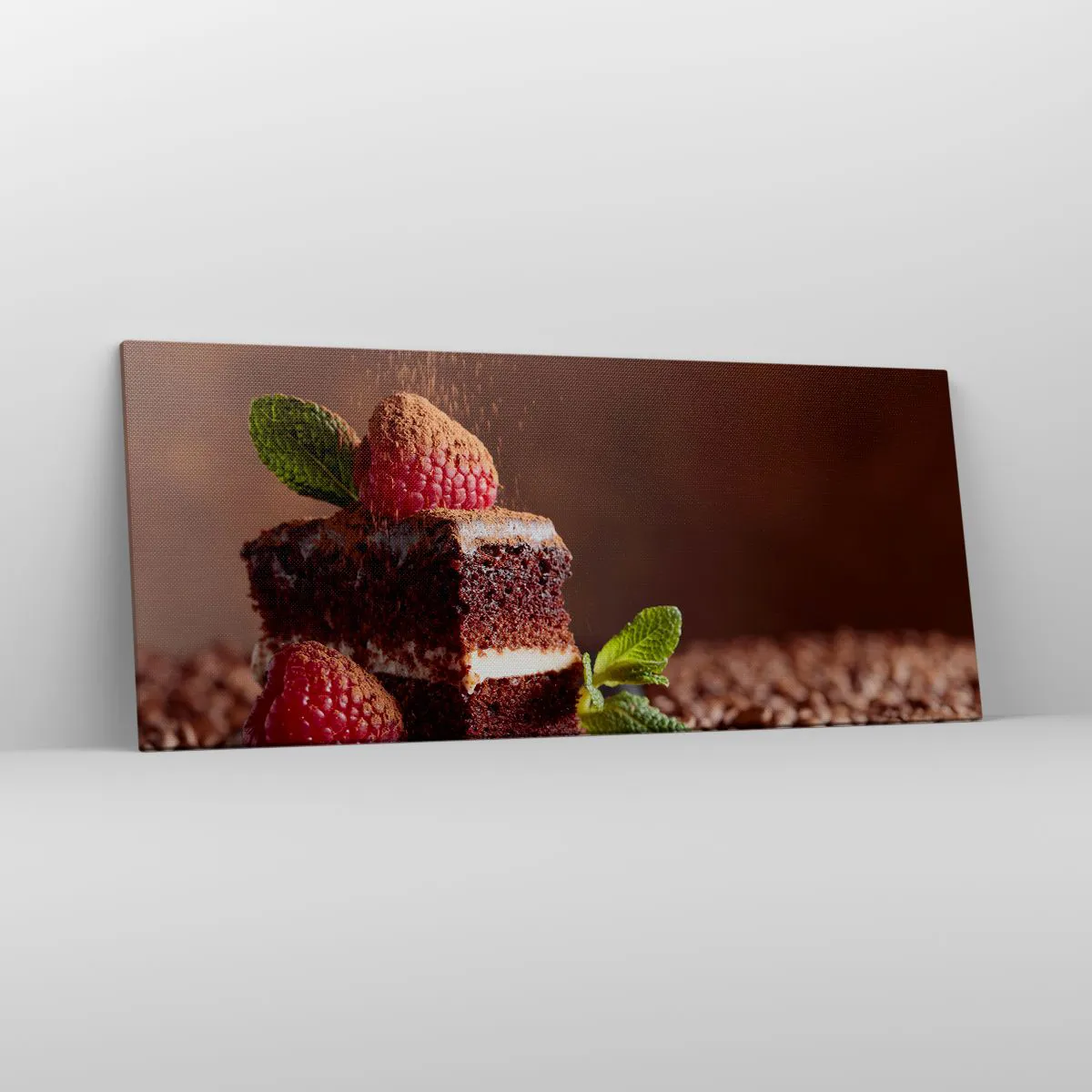 Obraz na płótnie - Czekoladowe ciasto z malinami i miętą na tle ziaren kakao - 120x50cm - Życie jest słodkie - Nowoczesna dekoracja ścienna do salonu i sypialni ARTTOR