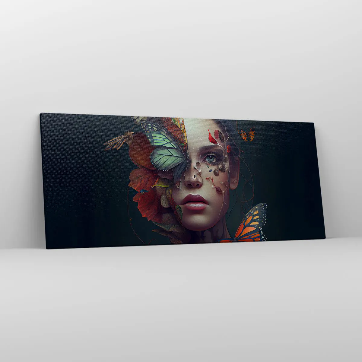 Impression sur toile - Image sur toile - Portrait d'une femme avec des papillons et des éléments végétaux - 120x50cm - Une merveilleuse métamorphose - Décoration murale moderne pour le salon et la chambre ARTTOR
