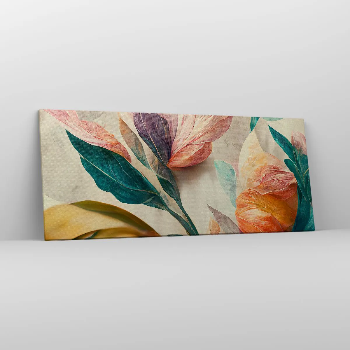 Bild auf Leinwand - Leinwandbild - Bunte Blumen im tropischen Stil auf hellem Hintergrund - 120x50cm - Blumen der südlichen Inseln - Moderne Wanddekoration für Wohnzimmer und Schlafzimmer ARTTOR