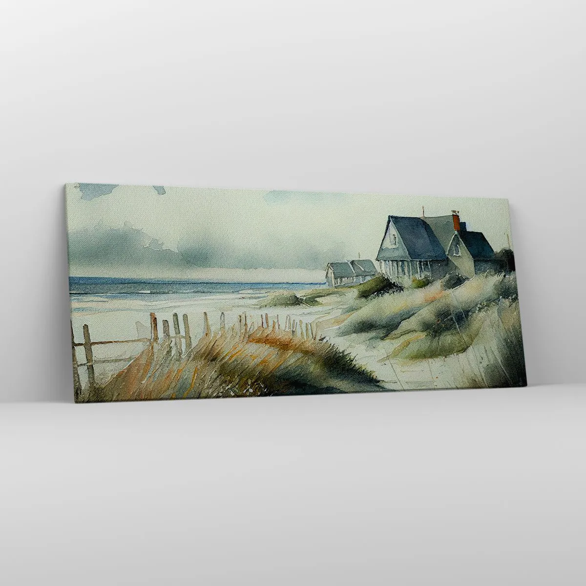 Obraz na płótnie - Dom nadmorski otoczony trawami i widokiem na morze - 120x50cm - Z dala od zgiełku - Nowoczesna dekoracja ścienna do salonu i sypialni ARTTOR