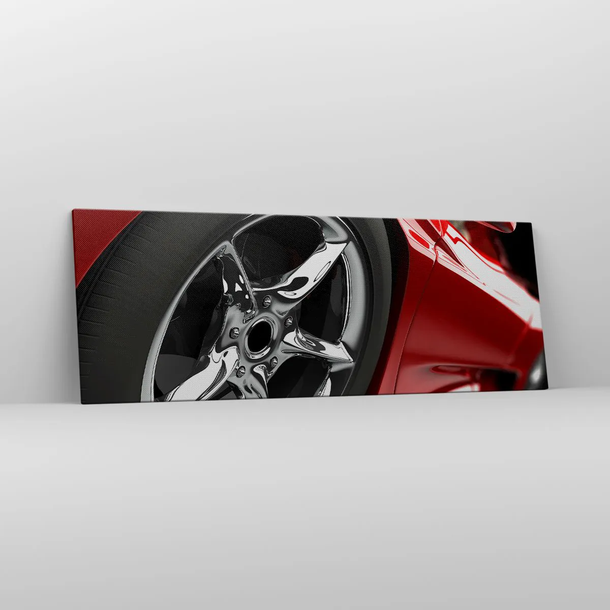 Cuadro sobre lienzo - Impresión de Imagen - Coche deportivo rojo con ruedas cromadas - 140x50cm - Creado para la velocidad - Decoración de pared moderna para salón y dormitorio ARTTOR
