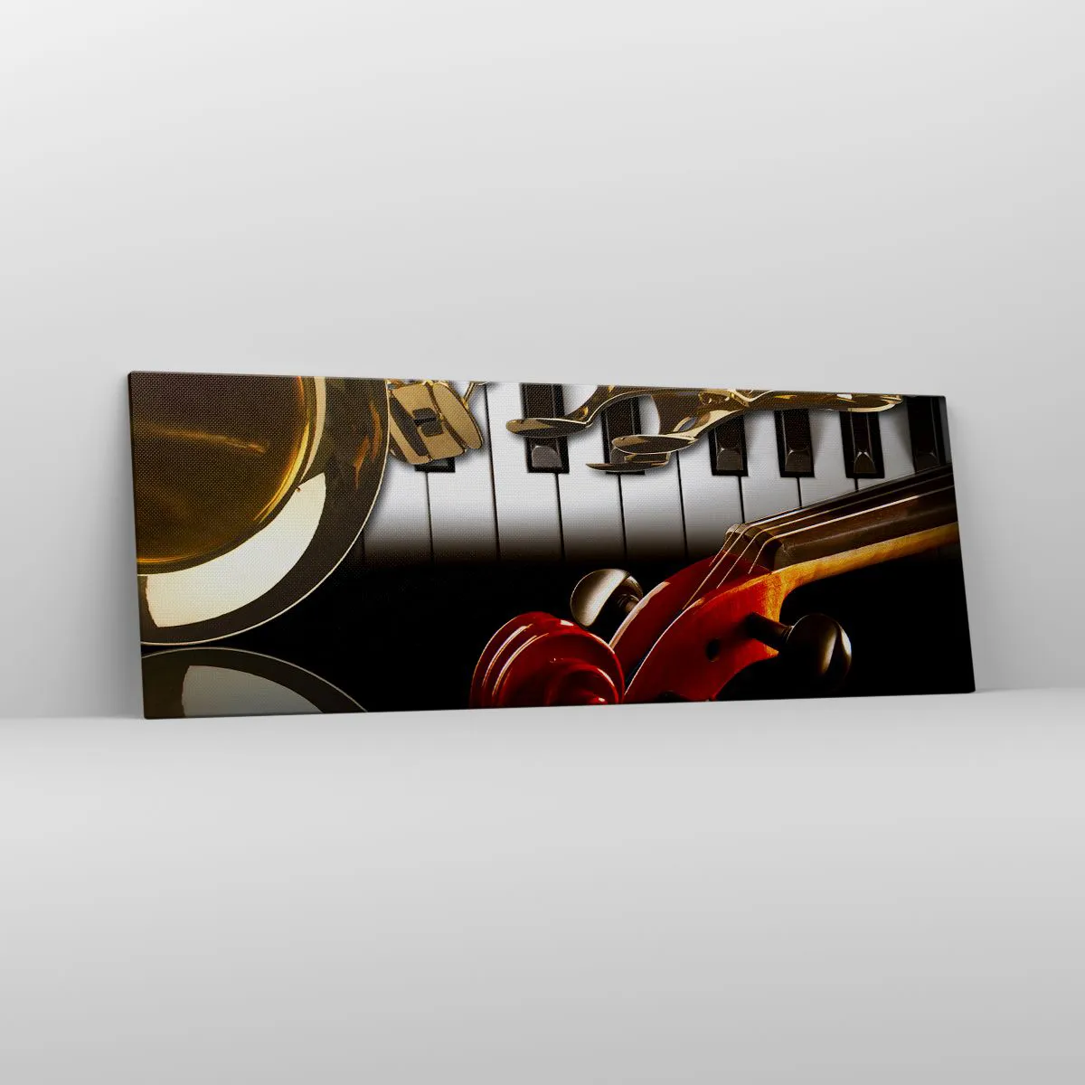 Impression sur toile - Image sur toile - Un saxophone doré, des touches de piano et un violon rouge - 140x50cm - Tôle, bois et ivoire - Décoration murale moderne pour le salon et la chambre ARTTOR