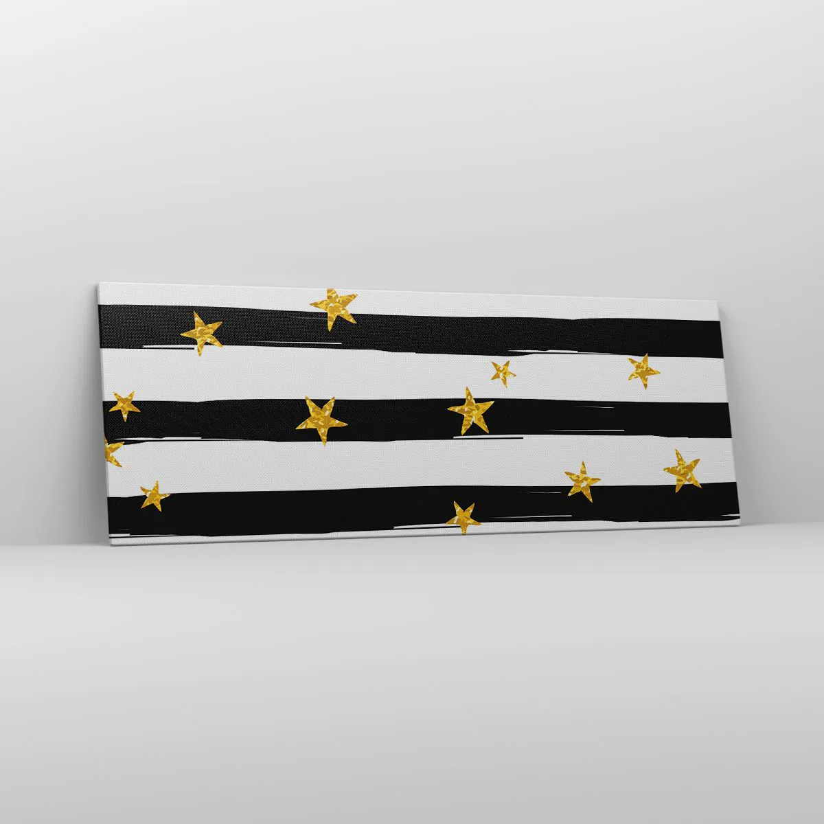 Impression sur toile - Image sur toile - Rayures noires et blanches avec étoiles dorées - 140x50cm - Nous sommes tous nés sous une bonne étoile - Décoration murale moderne pour le salon et la chambre ARTTOR