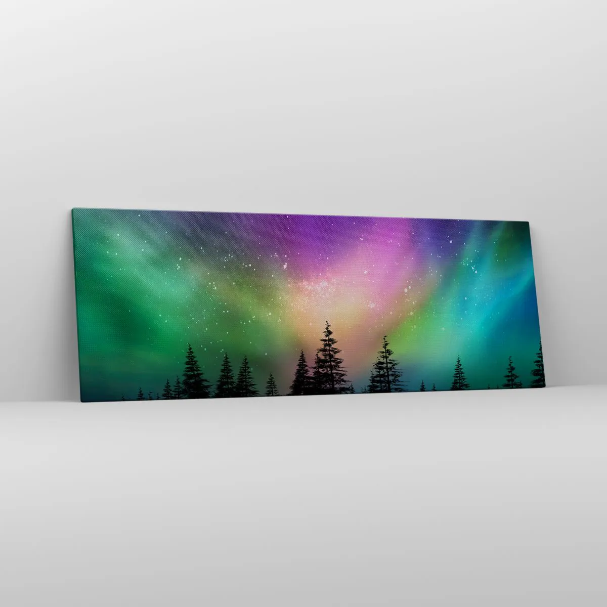 Quadro su tela - Stampe su Tela - Aurora boreale su una foresta con cielo stellato - 140x50cm - Magia bianca - Decorazione murale moderna per soggiorno e camera da letto ARTTOR