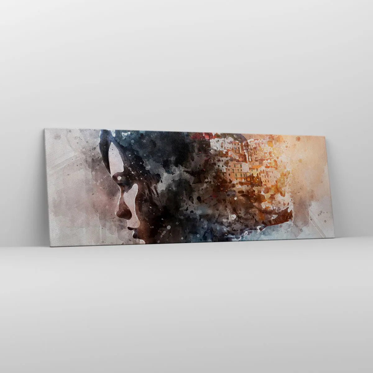 Quadro su tela - Stampe su Tela - Ritratto di una donna che combina il suo viso con un paesaggio urbano sullo sfondo - 140x50cm - Racconto su una ragazza con città sullo sfondo - Decorazione murale moderna per soggiorno e camera da letto ARTTOR