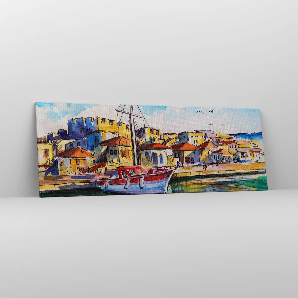 Impression sur toile - Image sur toile - Un port pittoresque avec un bateau et des bâtiments colorés - 140x50cm - Après-midi arc-en-ciel - Décoration murale moderne pour le salon et la chambre ARTTOR