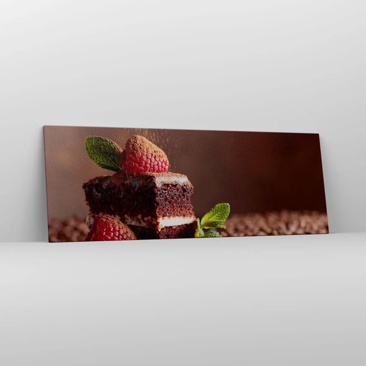 Impression sur toile - Image sur toile - Gâteau au chocolat aux framboises et à la menthe sur fond de fèves de cacao - 140x50cm - La vie est douce - Décoration murale moderne pour le salon et la chambre ARTTOR