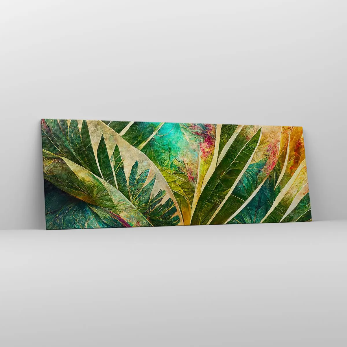 Cuadro sobre lienzo - Impresión de Imagen - Hojas tropicales coloridas sobre un fondo claro - 140x50cm - Los colores del trópico - Decoración de pared moderna para salón y dormitorio ARTTOR