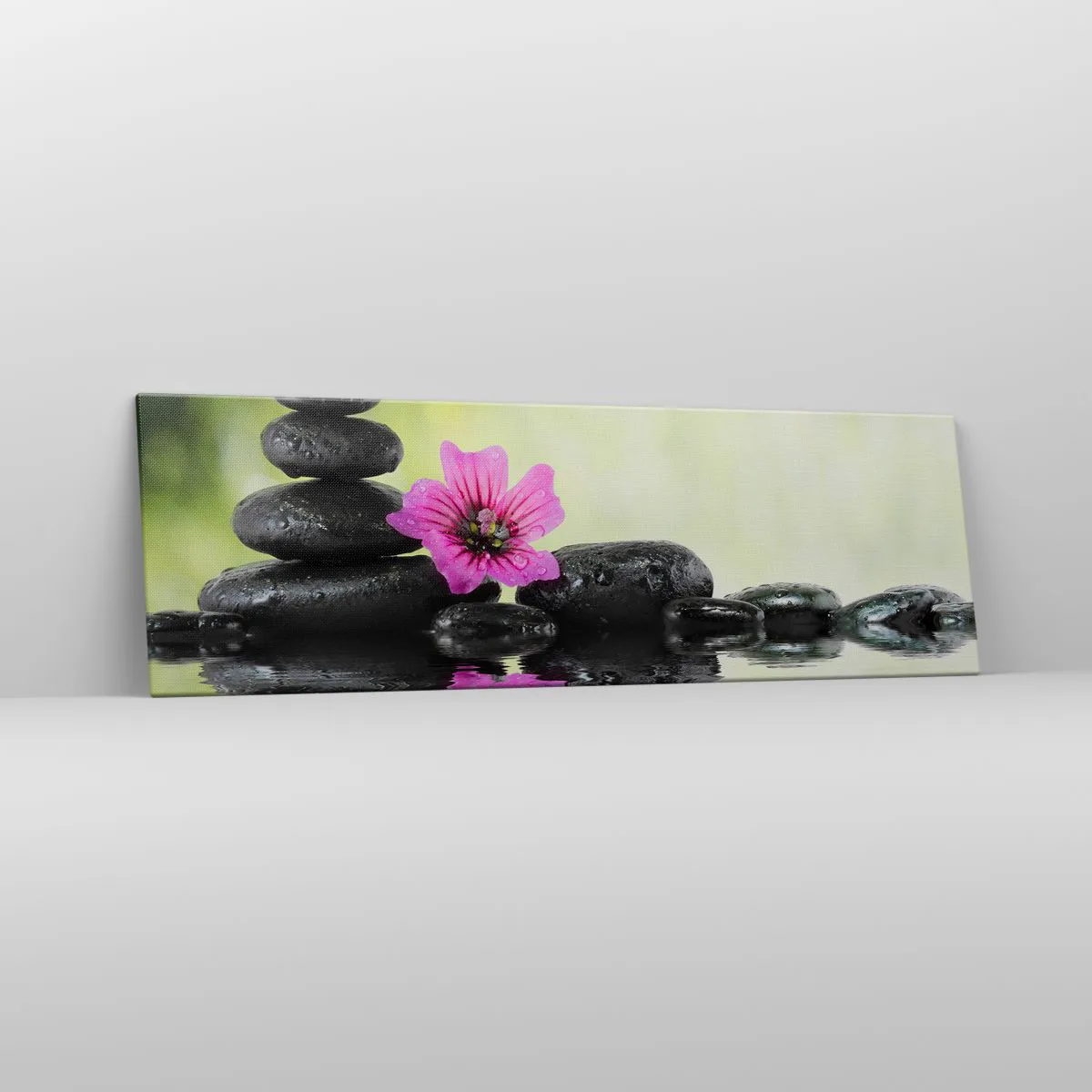 Cuadro sobre lienzo - Impresión de Imagen - Piedras zen y una flor rosa reflejada en el agua. - 160x50cm - Tiempo para el alma - Decoración de pared moderna para salón y dormitorio ARTTOR