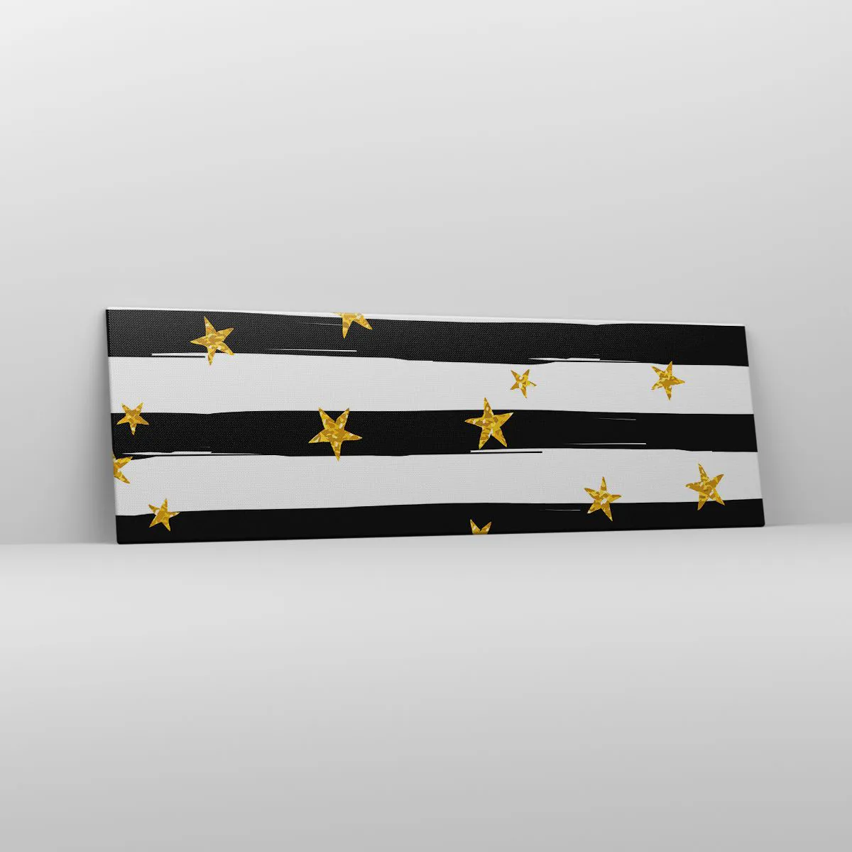 Bild auf Leinwand - Leinwandbild - Schwarz-weiße Streifen mit goldenen Sternen - 160x50cm - Wir wurden alle unter einem glücklichen Stern geboren - Moderne Wanddekoration für Wohnzimmer und Schlafzimmer ARTTOR
