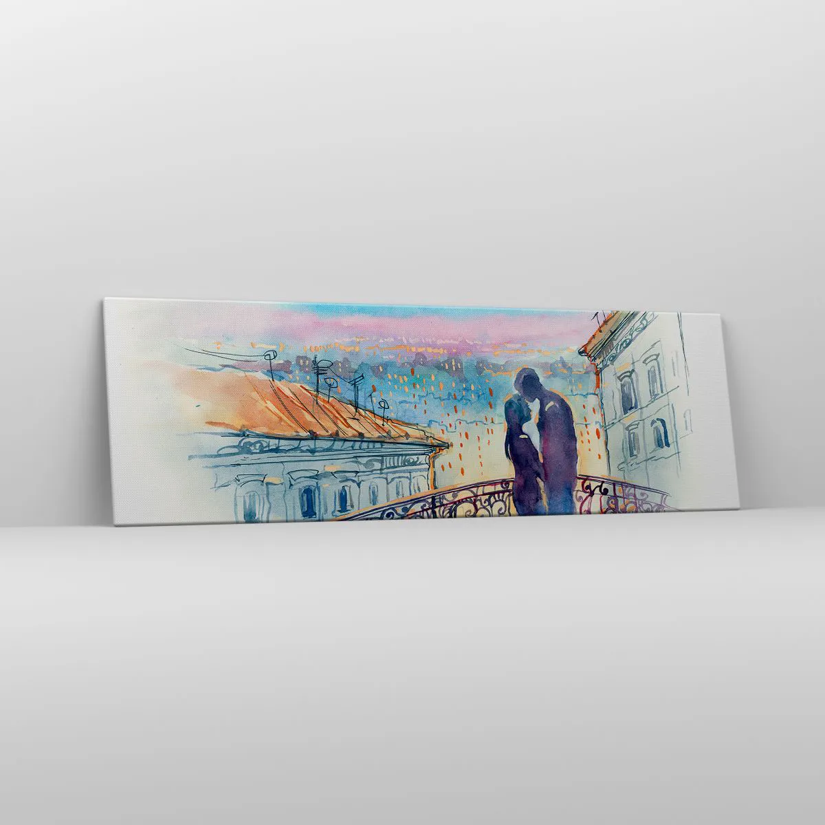 Cuadro sobre lienzo - Impresión de Imagen - Pareja romántica en un balcón con vistas a la ciudad. - 160x50cm - Los amantes de París - Decoración de pared moderna para salón y dormitorio ARTTOR